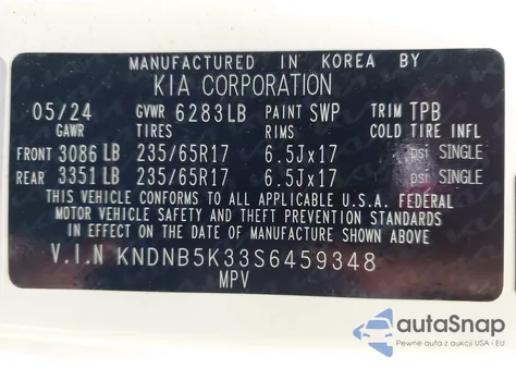 2025 Kia Carnival Mpv Lxs z USA, uszkodzony, nr VIN KNDNB5K33S6459348